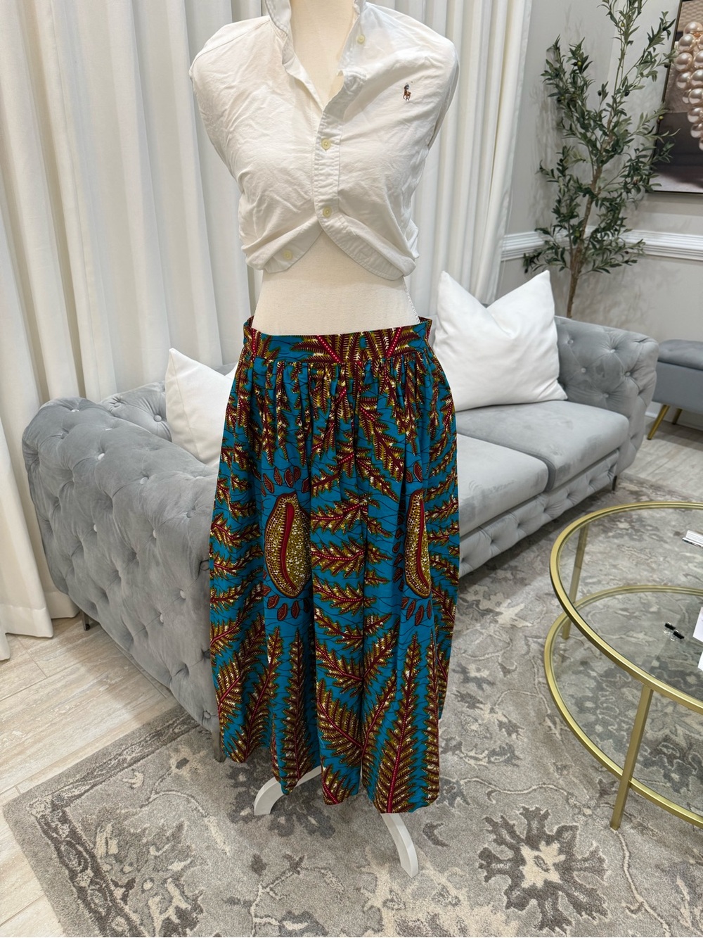 Turquoise Ankara-Print Midi Skirt